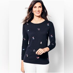Talbots Three Quarter Sleeve Nautical Embroidered Sweater